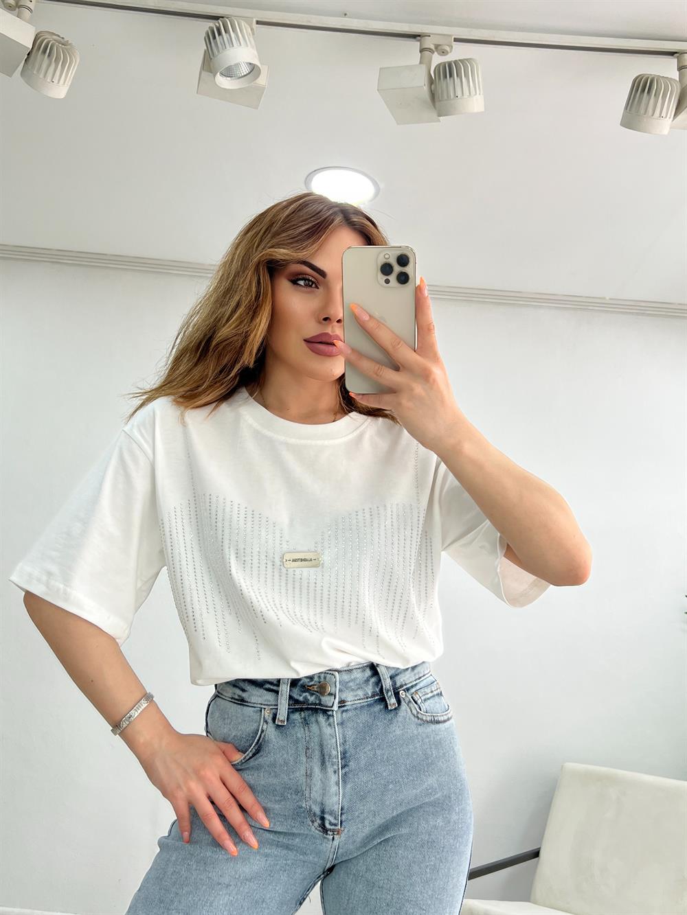 Askı Detaylı Taşli Tshi̇rt Beyaz