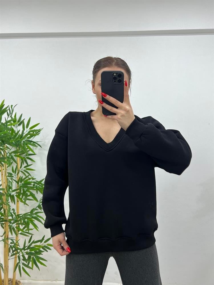 V Yaka Şardonlu Sweat Si̇yah