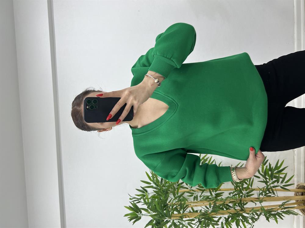 V Yaka Şardonlu Sweat Yeşi̇l