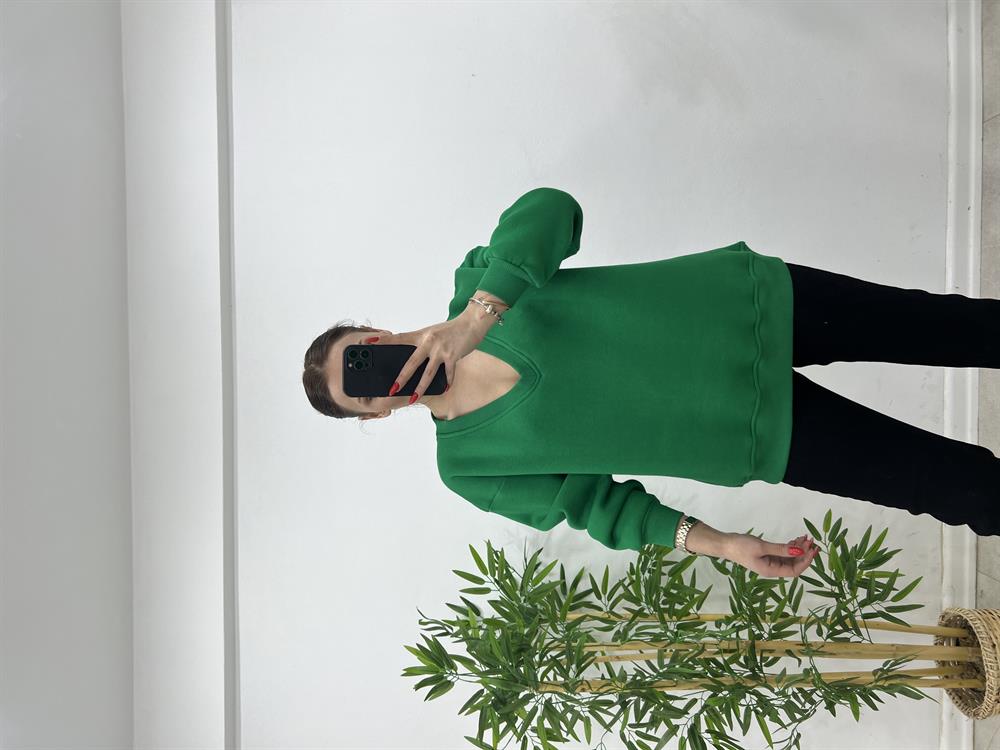 V Yaka Şardonlu Sweat Yeşi̇l