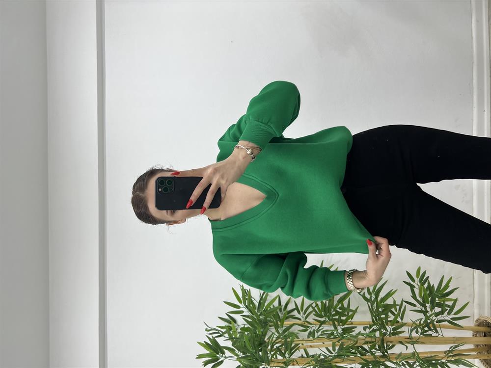 V Yaka Şardonlu Sweat Yeşi̇l
