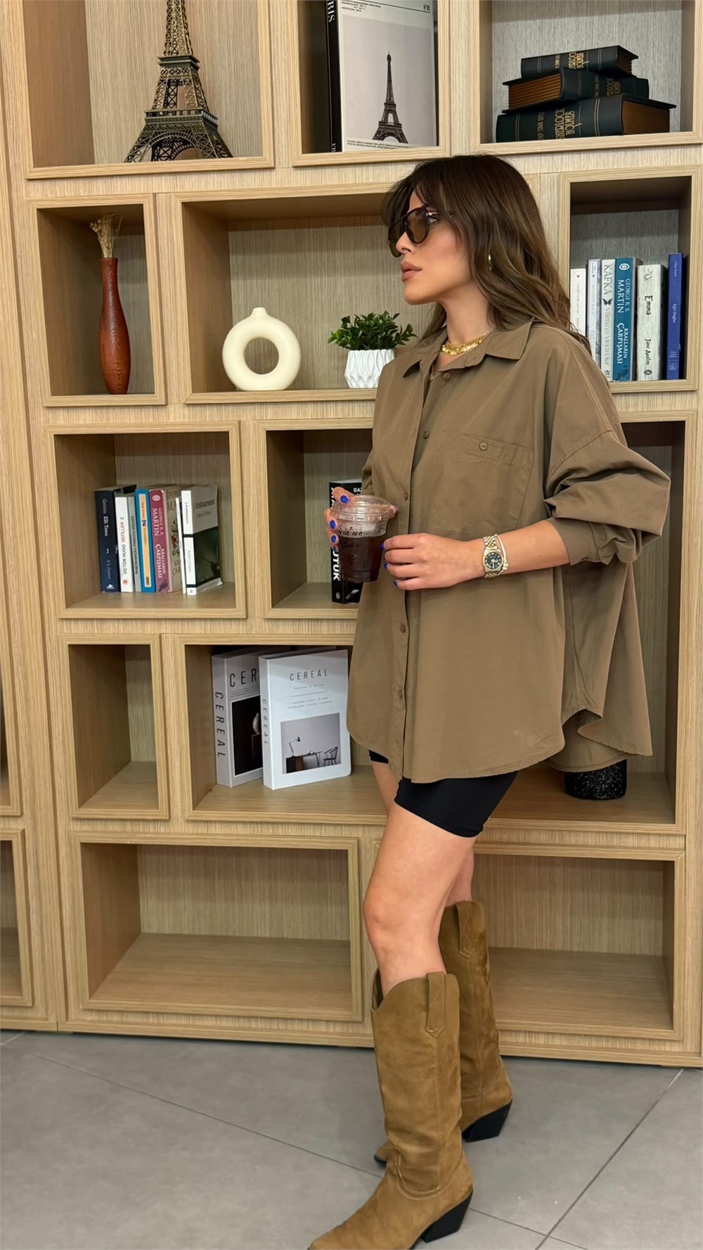 Oversize Cepli Pamuklu Poplin Gömlek Camel