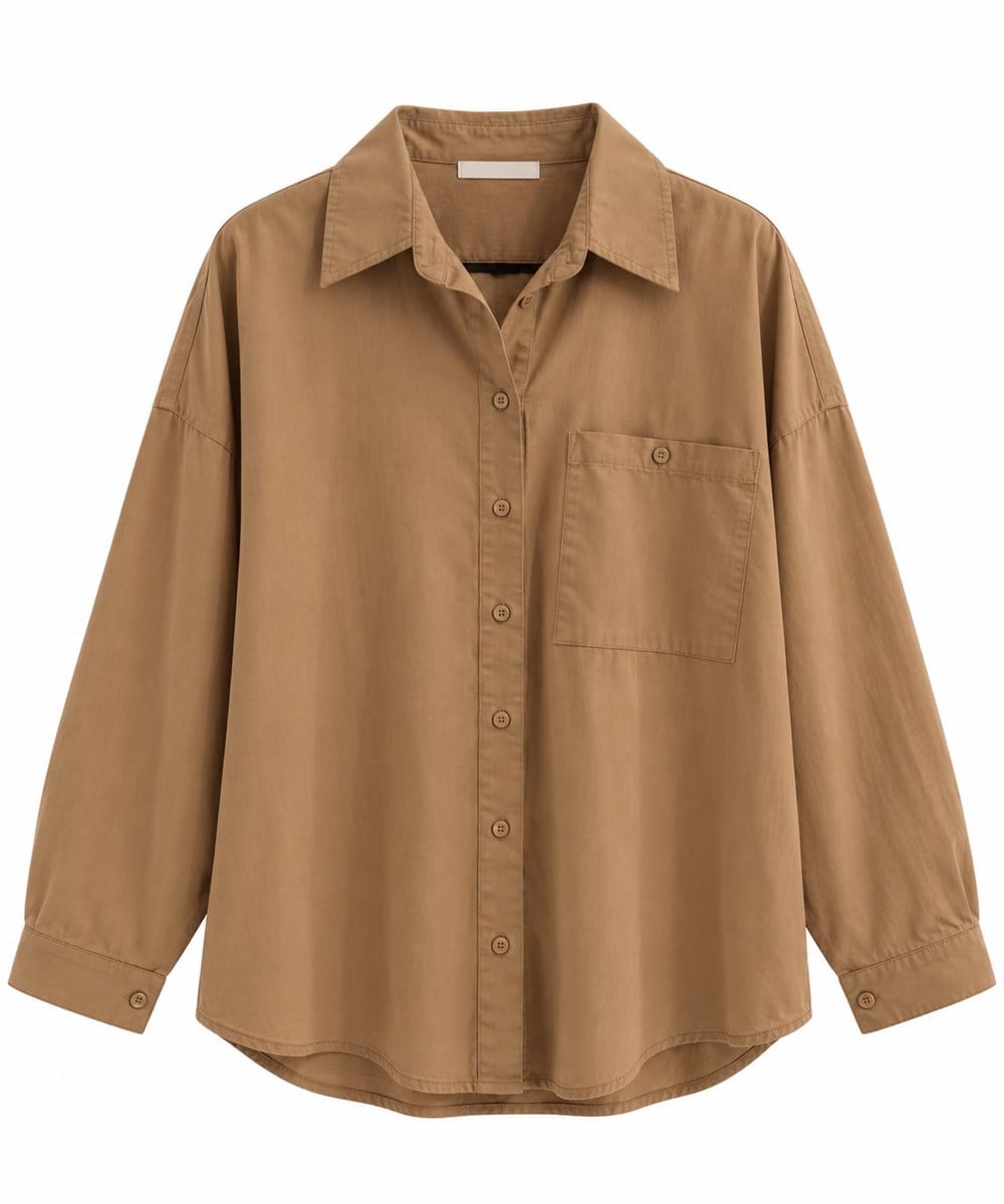 Oversize Cepli Pamuklu Poplin Gömlek Camel