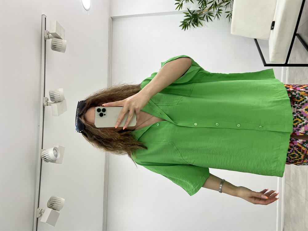 Oversi̇ze Keten Yeşi̇l Gömlek