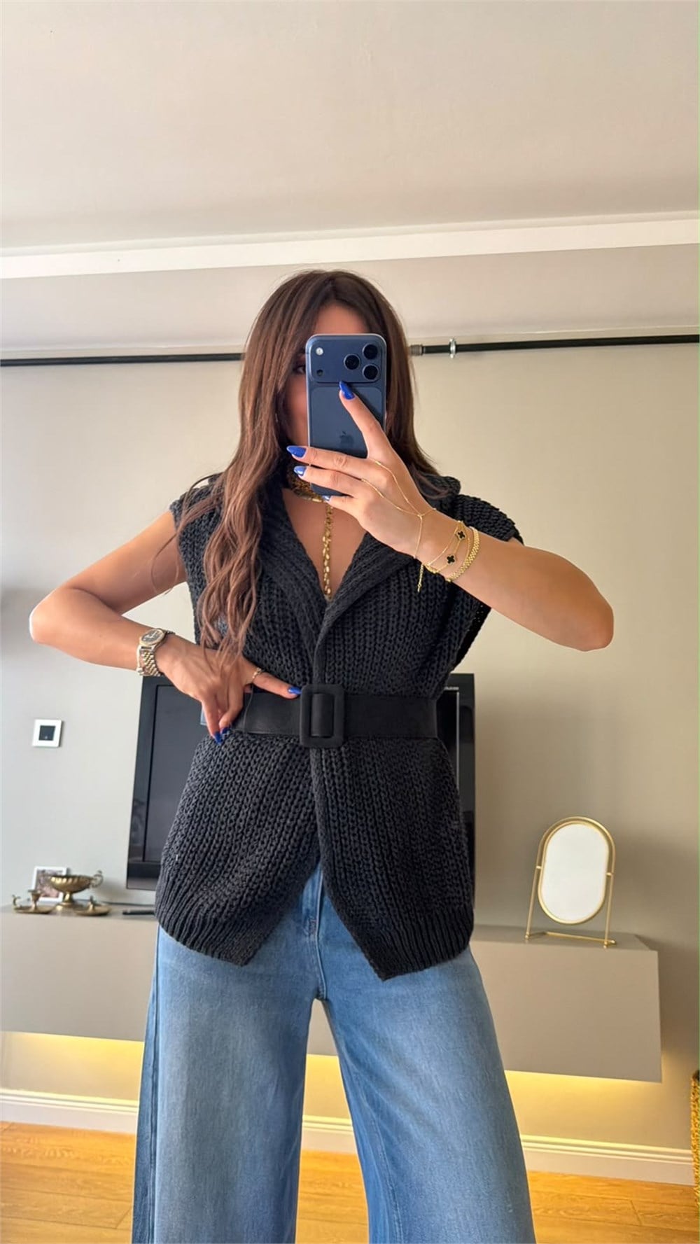 Oversize Selanik Doku Kemer Detaylı Triko Yelek Antrasit
