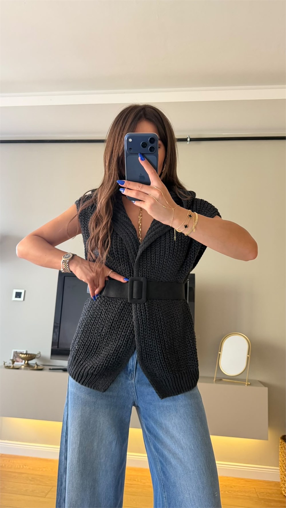 Oversize Selanik Doku Kemer Detaylı Triko Yelek Antrasit