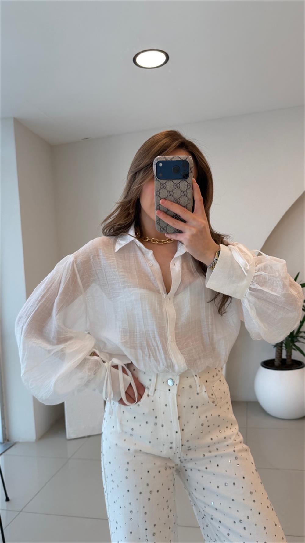 OVERSİZE TÜL GÖMLEK BEYAZ