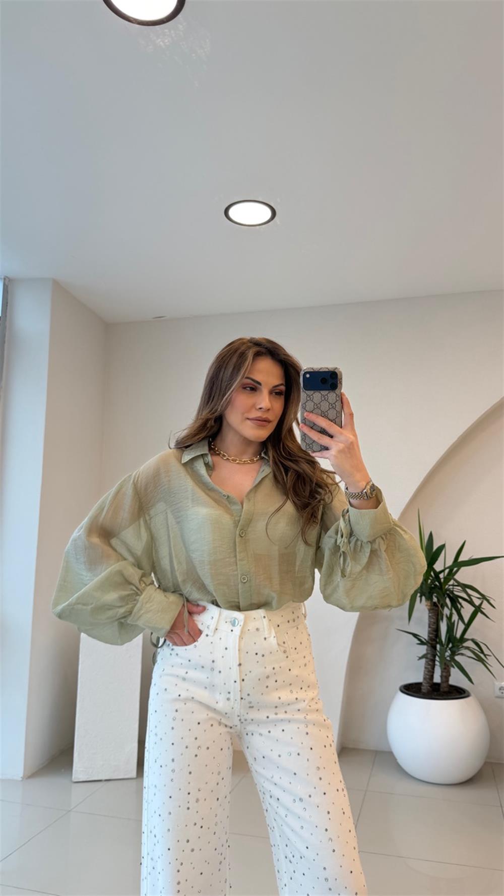 OVERSİZE TÜL GÖMLEK HAKİ YEŞİL