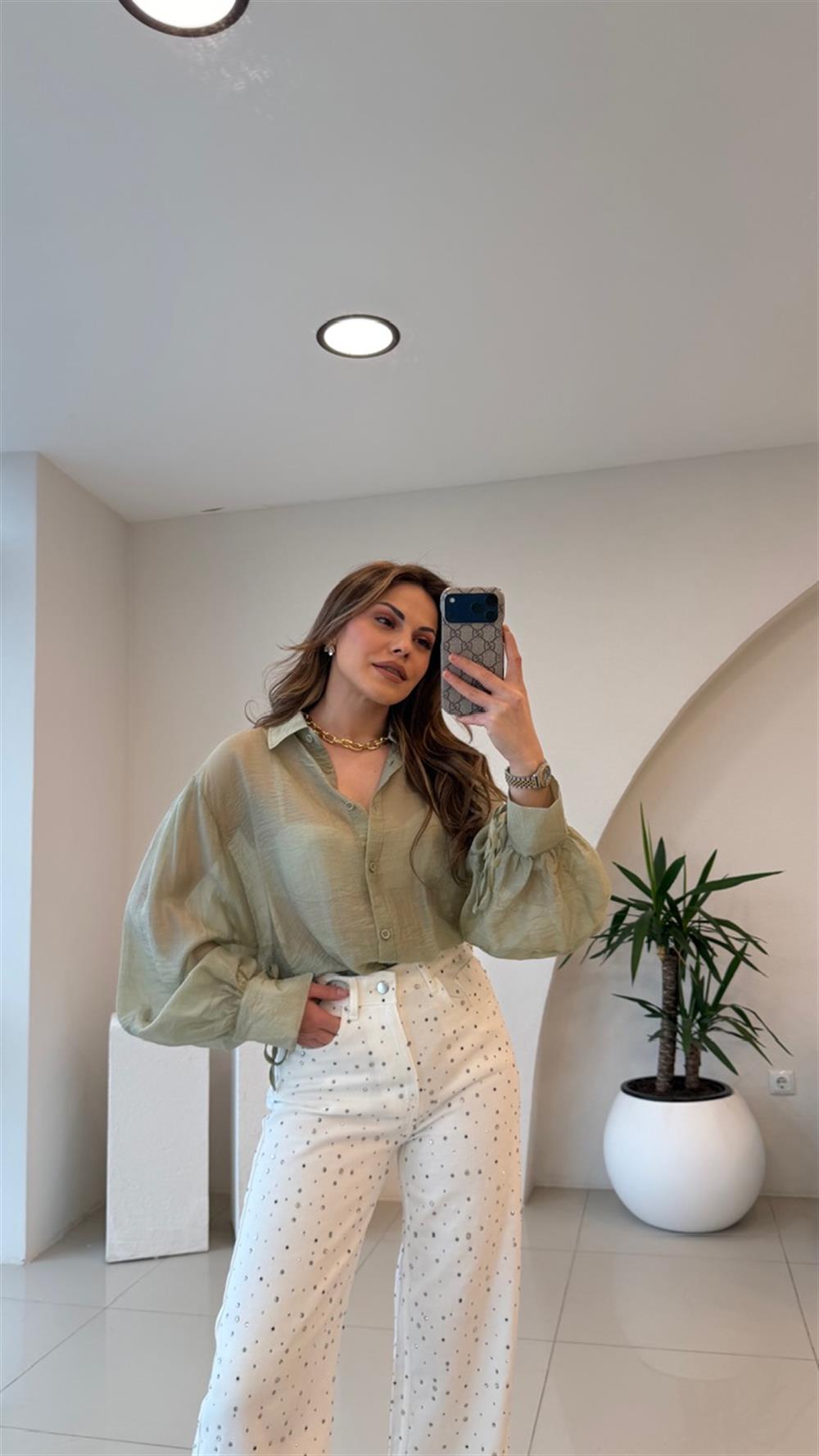 OVERSİZE TÜL GÖMLEK HAKİ YEŞİL