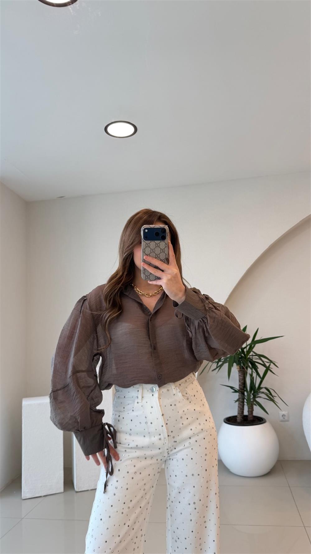 OVERSİZE TÜL GÖMLEK KAHVE