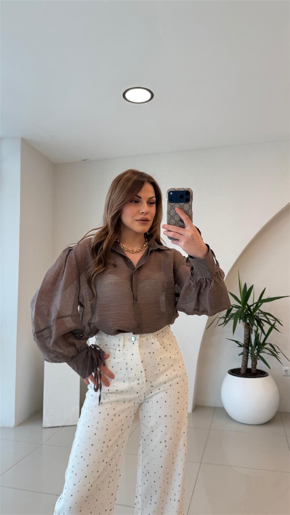 OVERSİZE TÜL GÖMLEK KAHVE