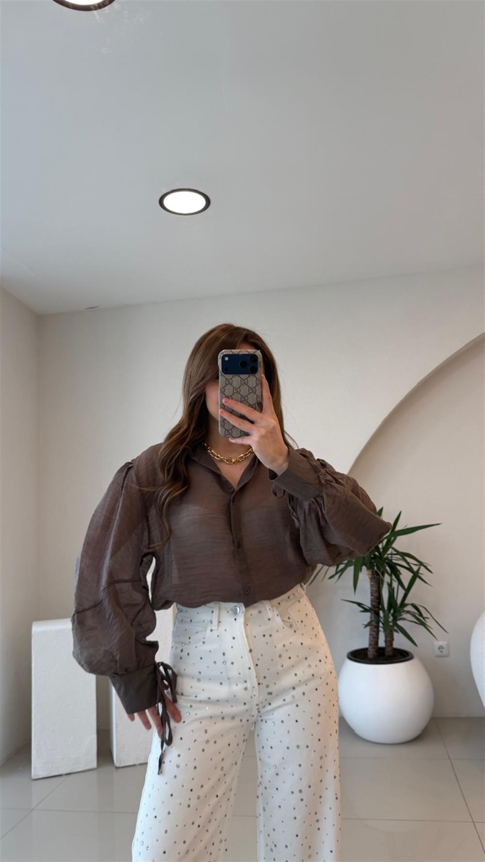 OVERSİZE TÜL GÖMLEK KAHVE