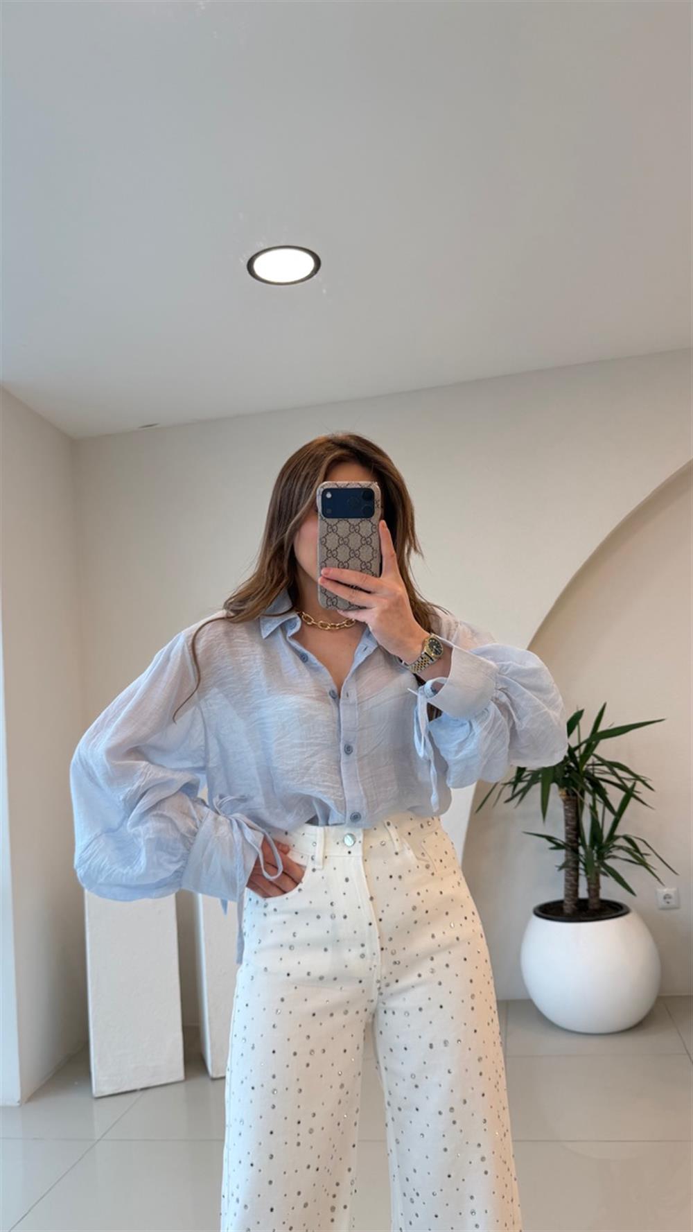 OVERSİZE TÜL GÖMLEK MAVİ