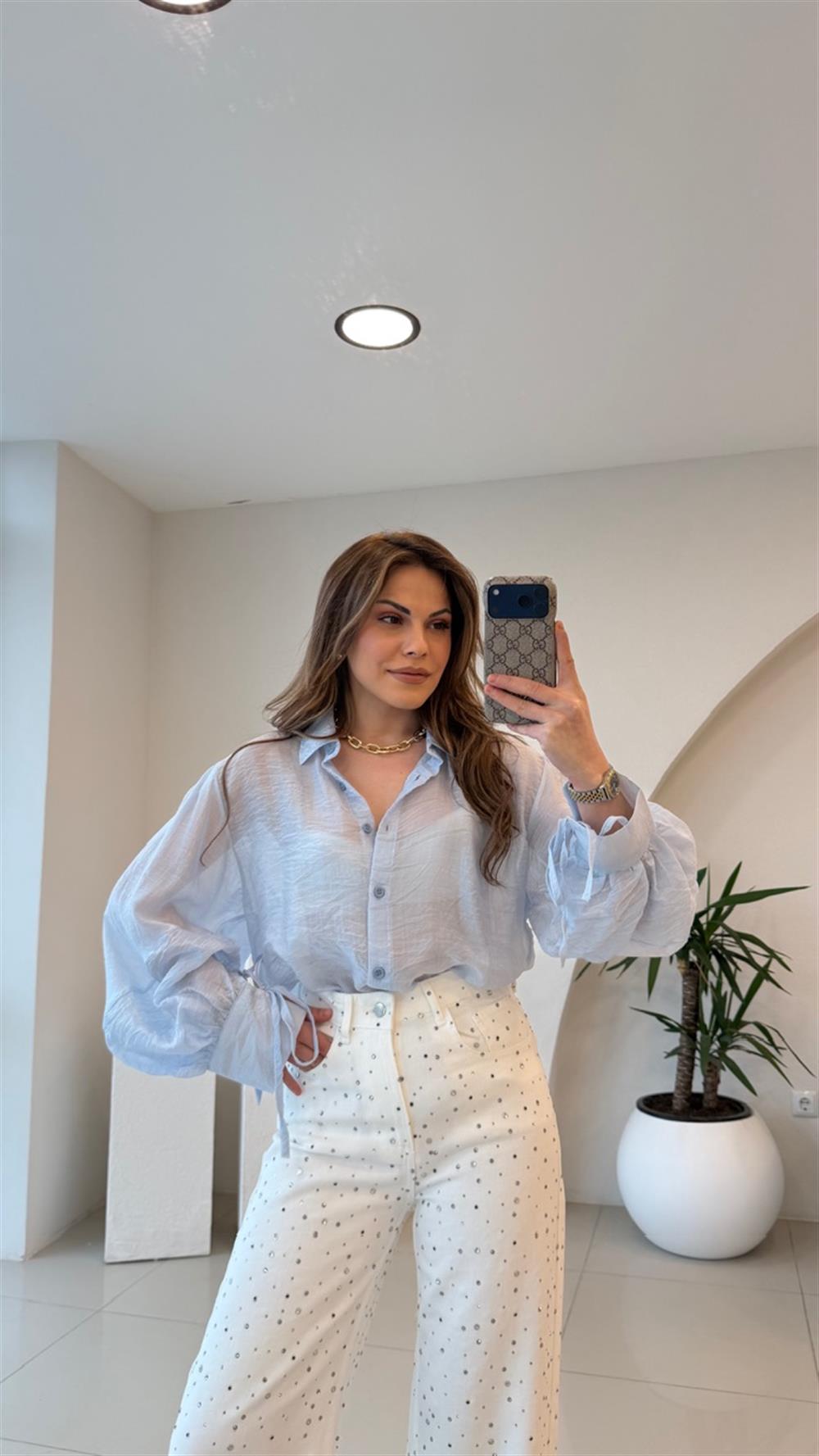 OVERSİZE TÜL GÖMLEK MAVİ