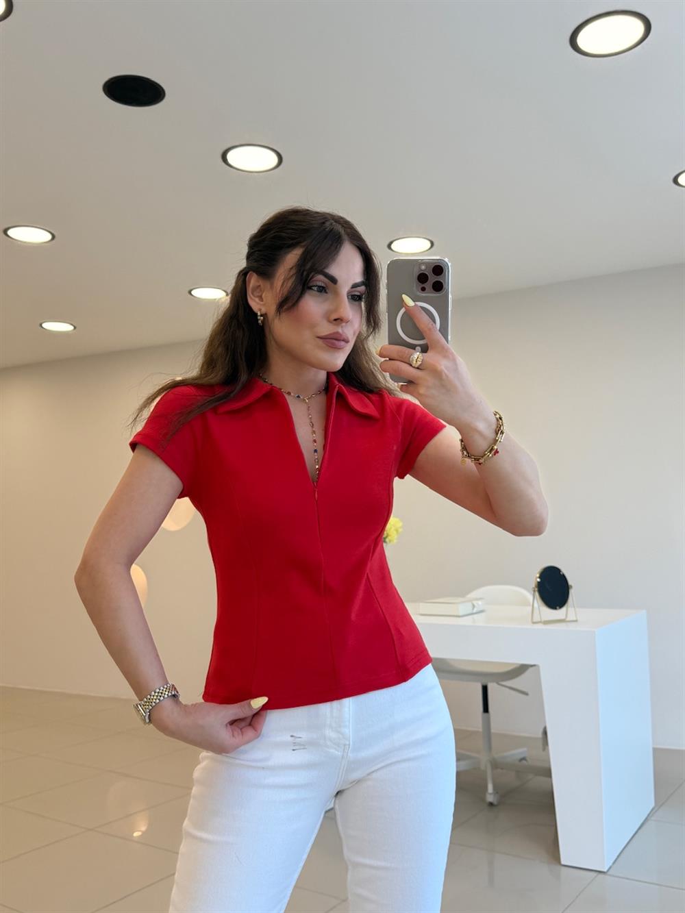 PAMUK FERMUARLI TSHIRT KIRMIZI