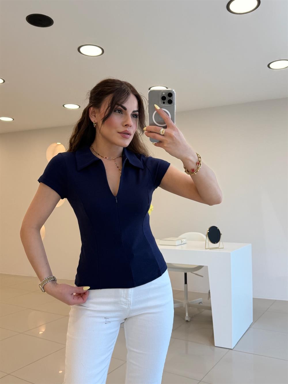 PAMUK FERMUARLI TSHIRT LACİVERT