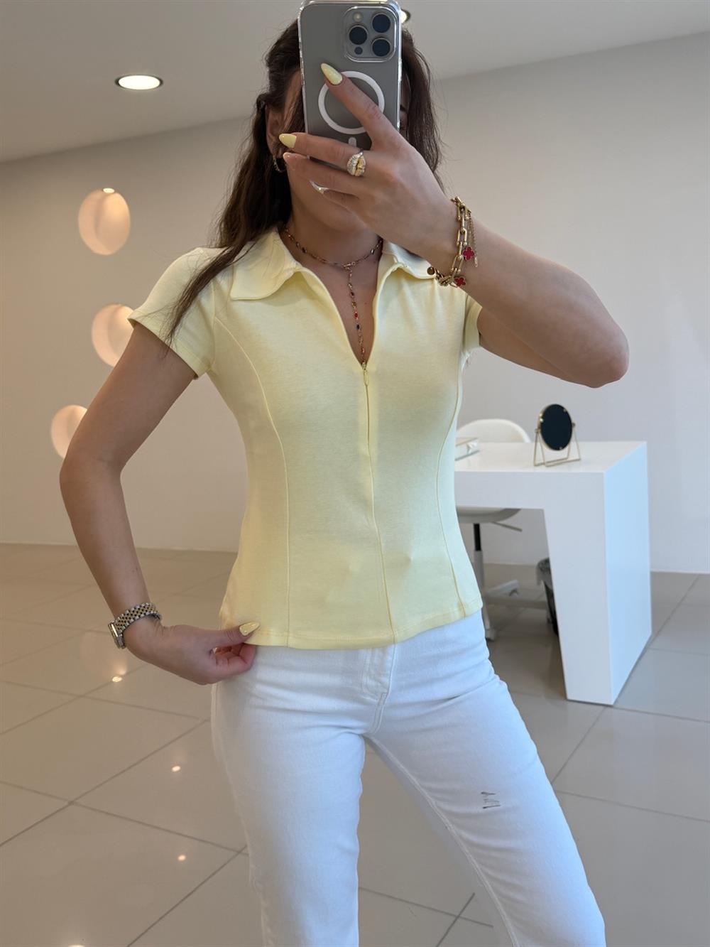 PAMUK FERMUARLI TSHIRT SARI