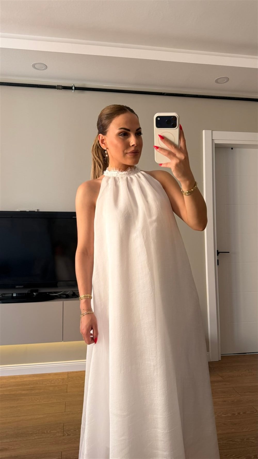 Pamuk Vual Dantel Detaylı Elbise Ekru