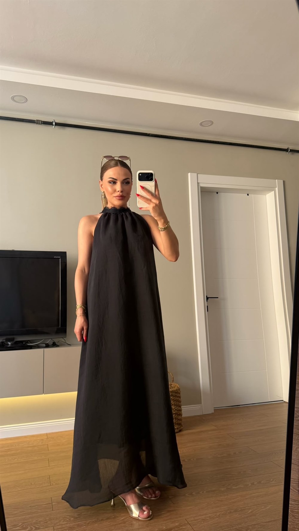 Pamuk Vual Dantel Detaylı Elbise Siyah