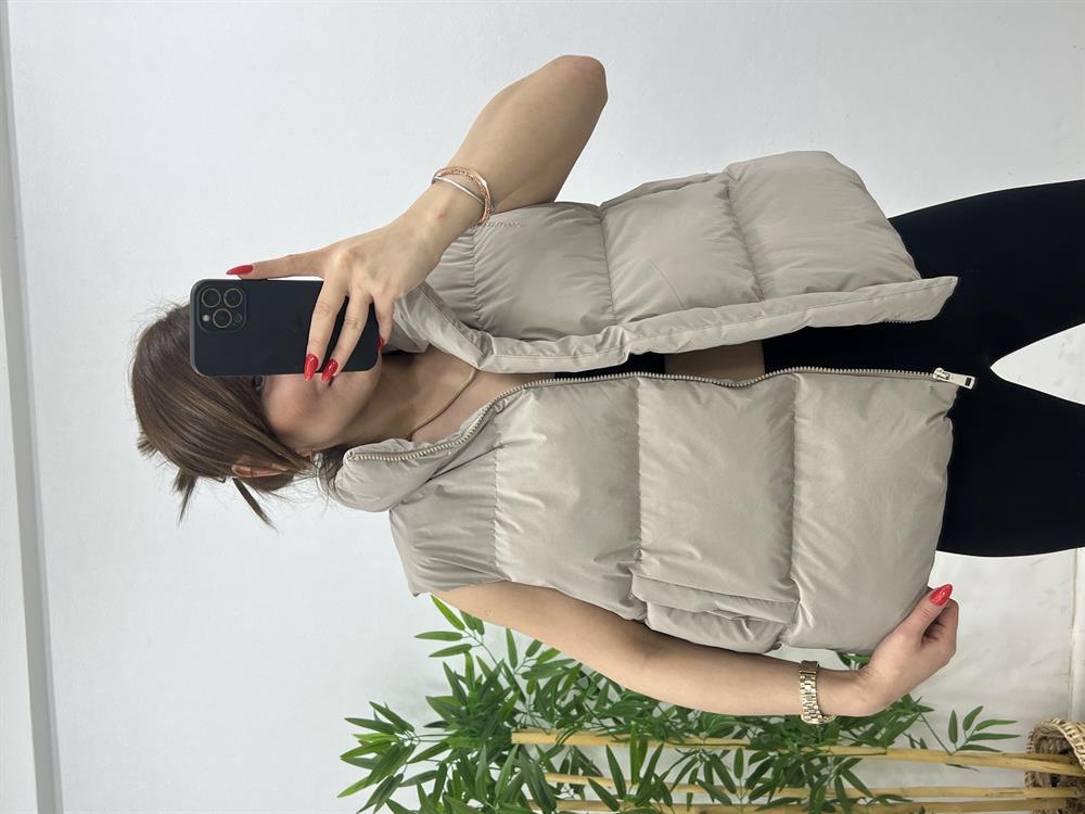 Parlak Puffer Yelek Bej