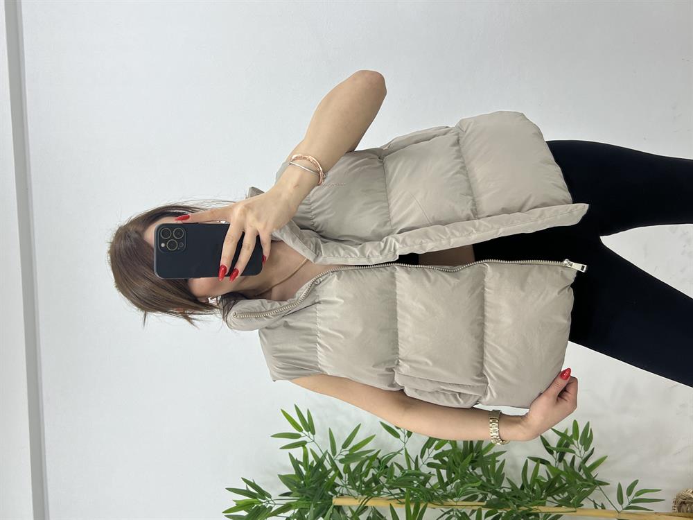 Parlak Puffer Yelek Bej