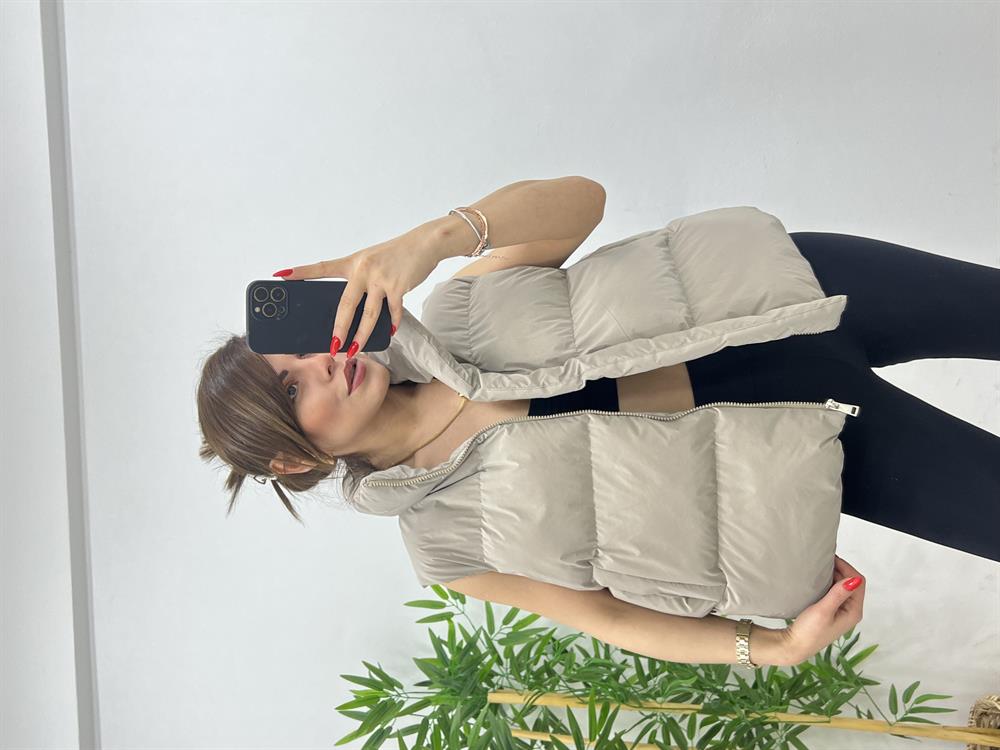 Parlak Puffer Yelek Bej