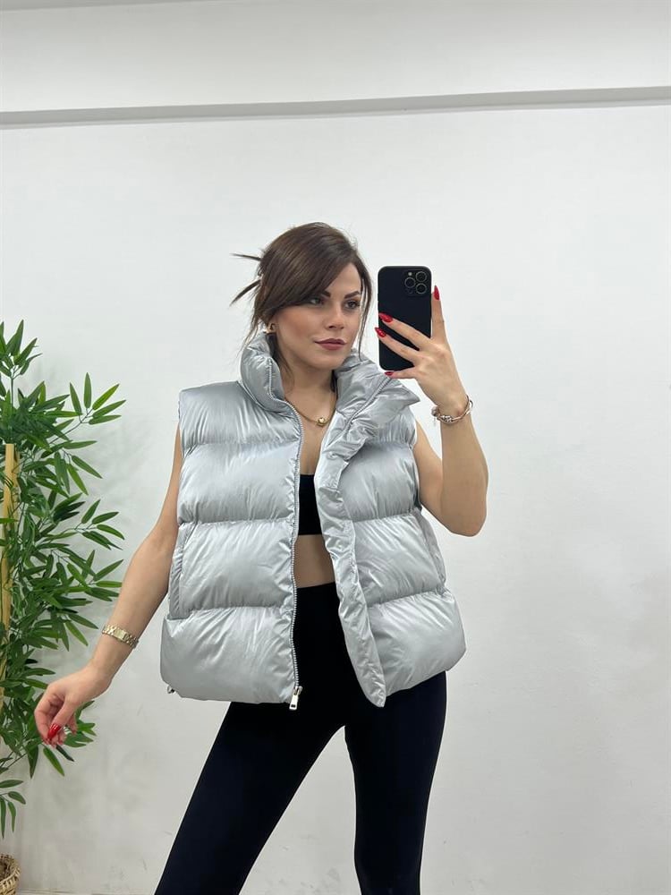 Parlak Puffer Yelek Gümüş