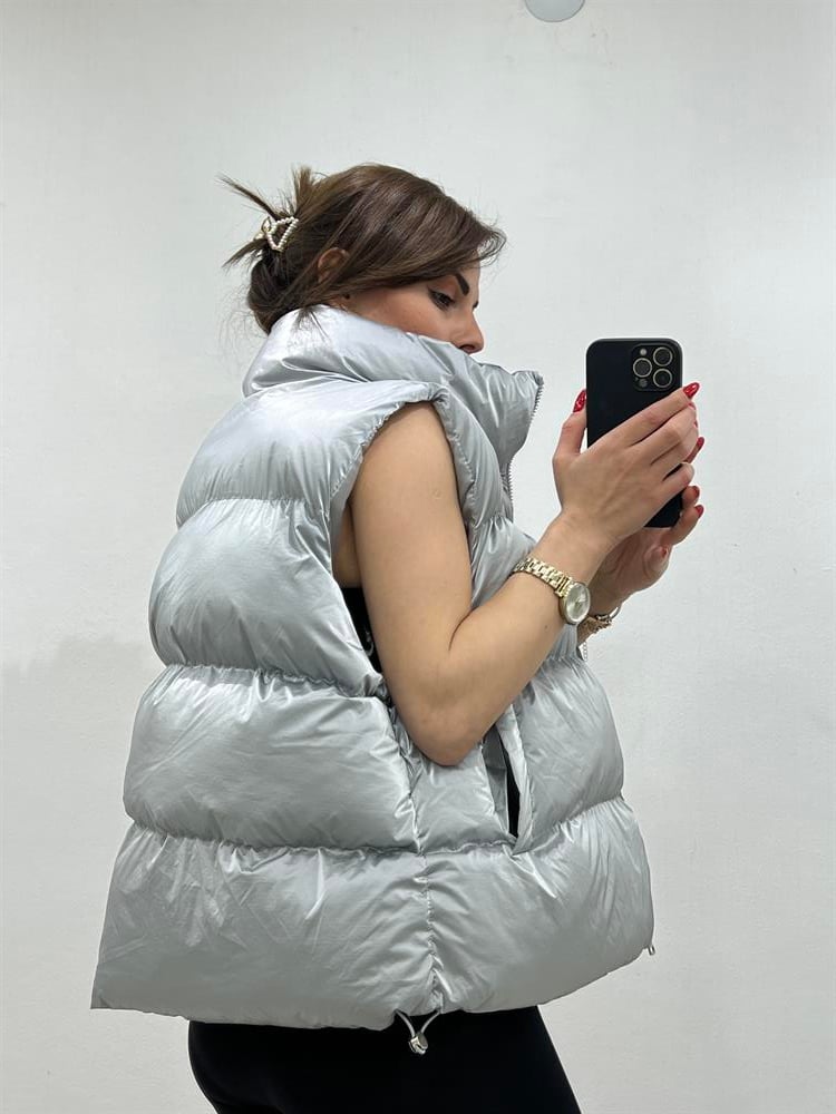 Parlak Puffer Yelek Gümüş