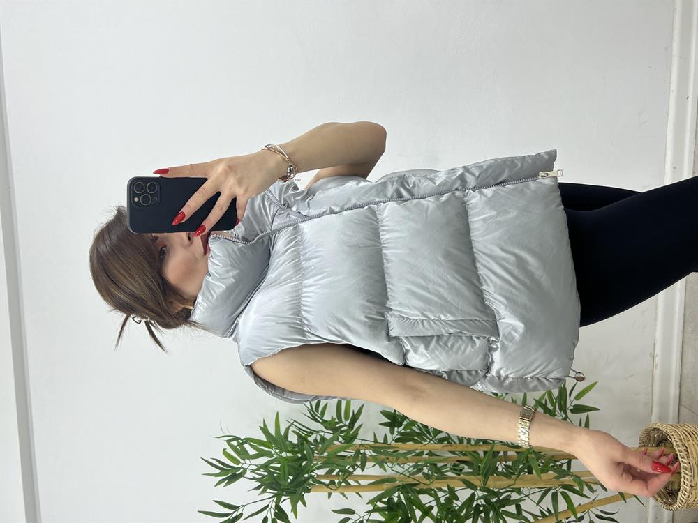 Parlak Puffer Yelek Gümüş