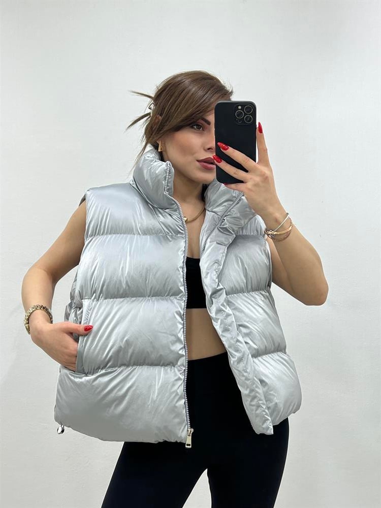 Parlak Puffer Yelek Gümüş