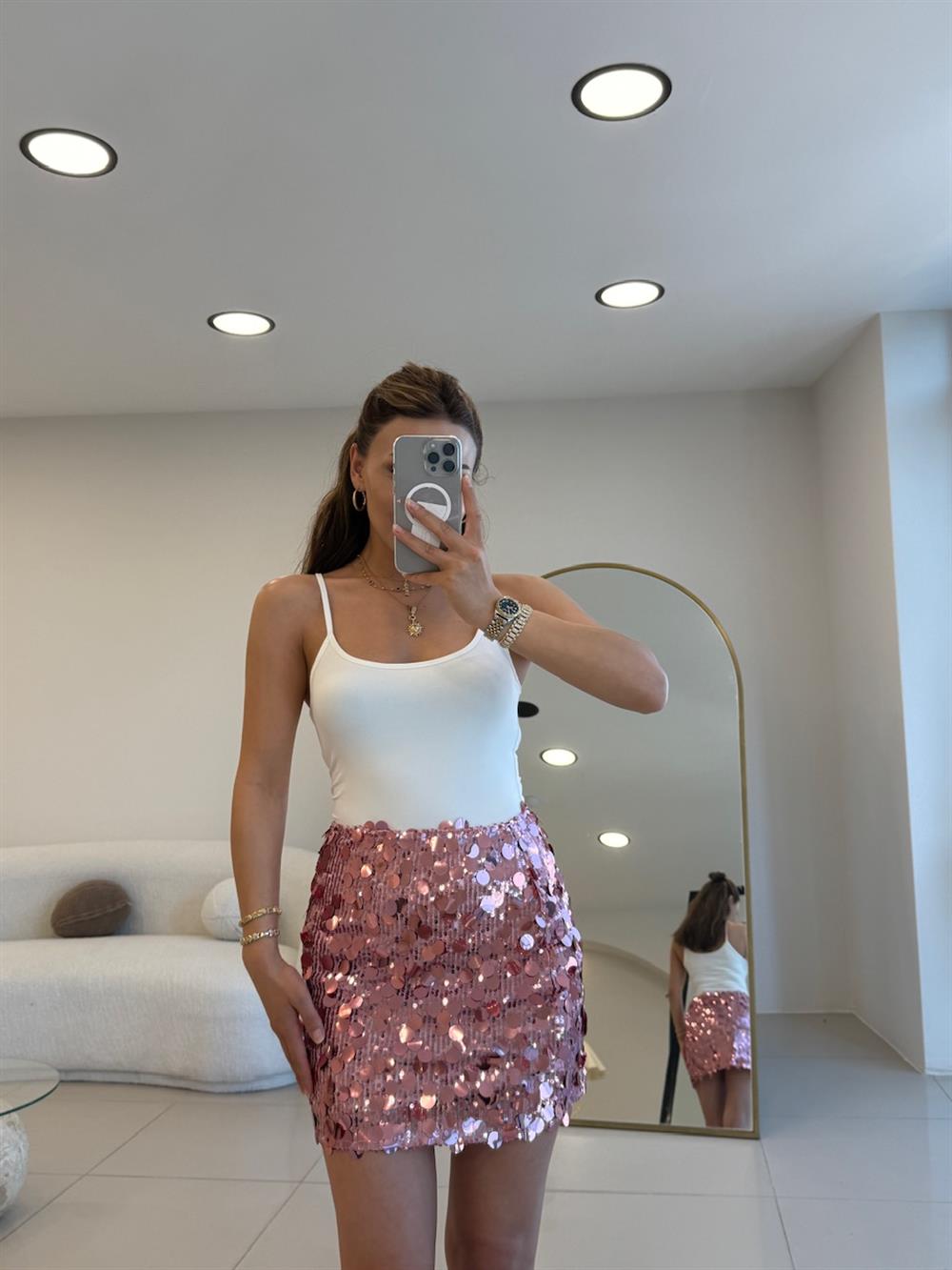 PAYETLİ ETEK PEMBE