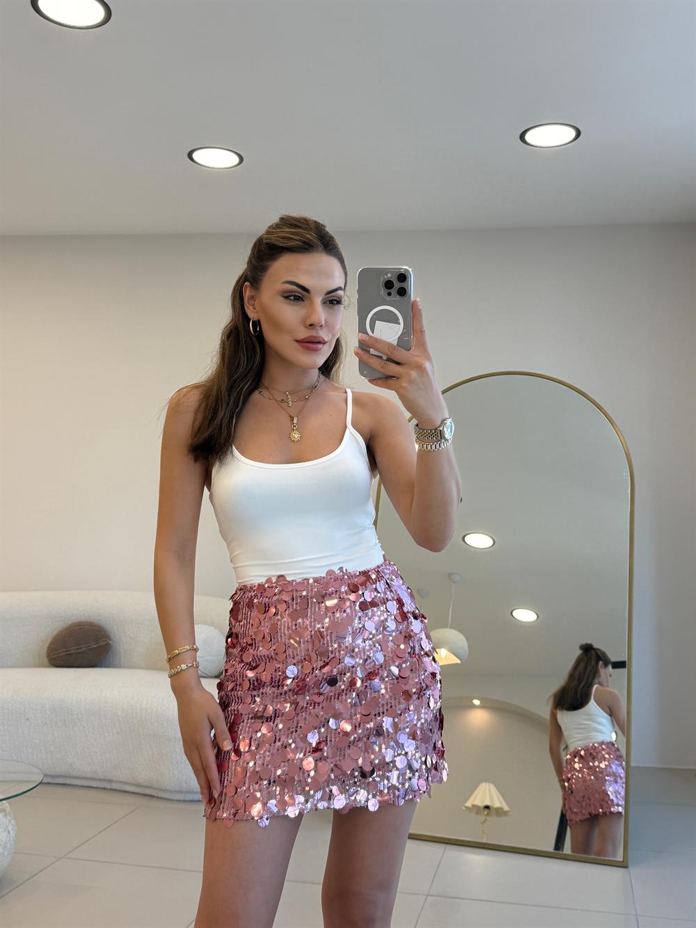 PAYETLİ ETEK PEMBE