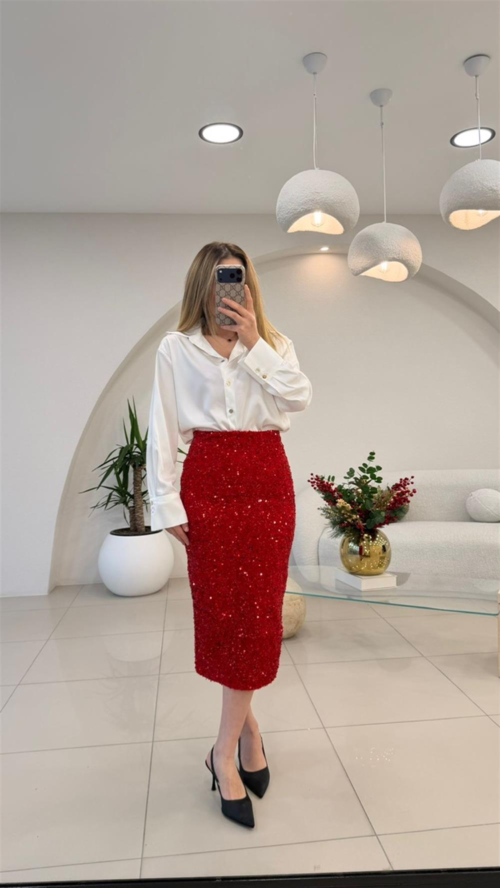 PAYETLİ KALEM ETEK KIRMIZI