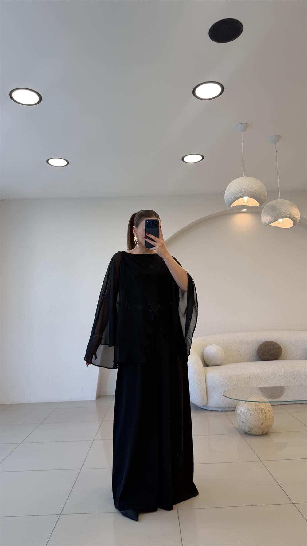 PELERİNLİ İKİLİ TÜL TAKIM SİYAH