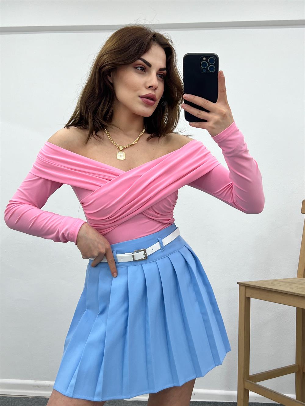 Pembe Degaje Yaka Drape Detaylu Bluz