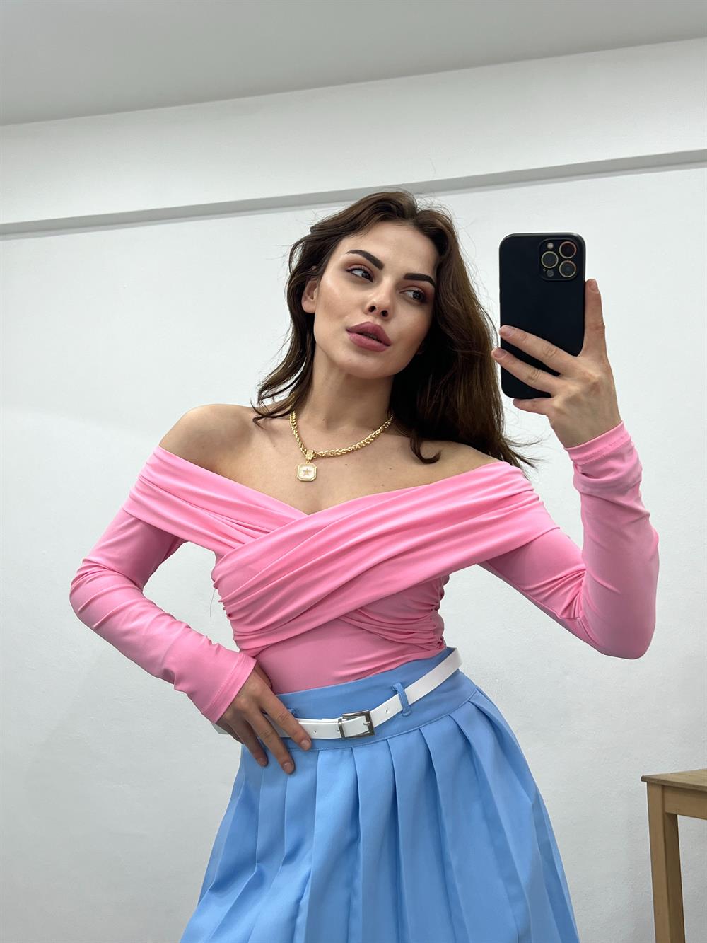 Pembe Degaje Yaka Drape Detaylu Bluz