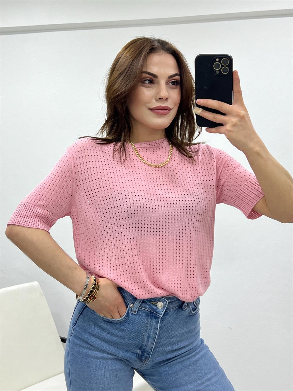 Pembe Deli̇kli̇ Merseri̇ze Bluz