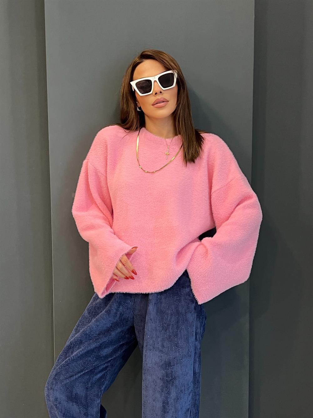 Pembe Geni̇ş Kol Detayli  Yumoş Kazak