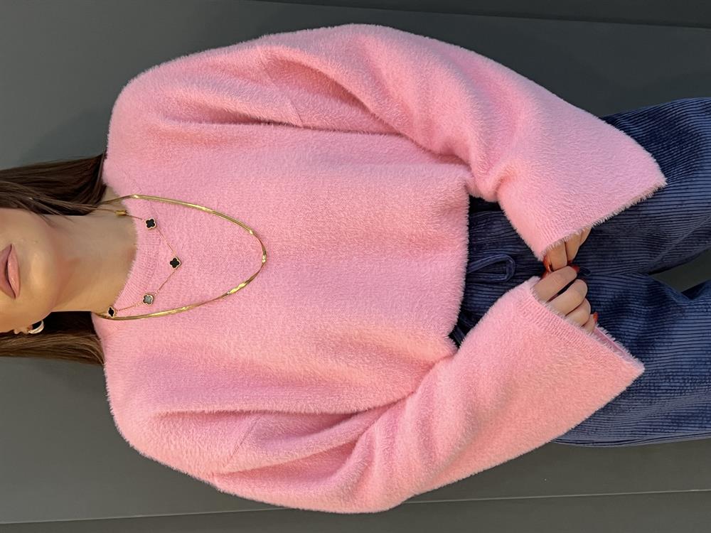 Pembe Geni̇ş Kol Detayli  Yumoş Kazak