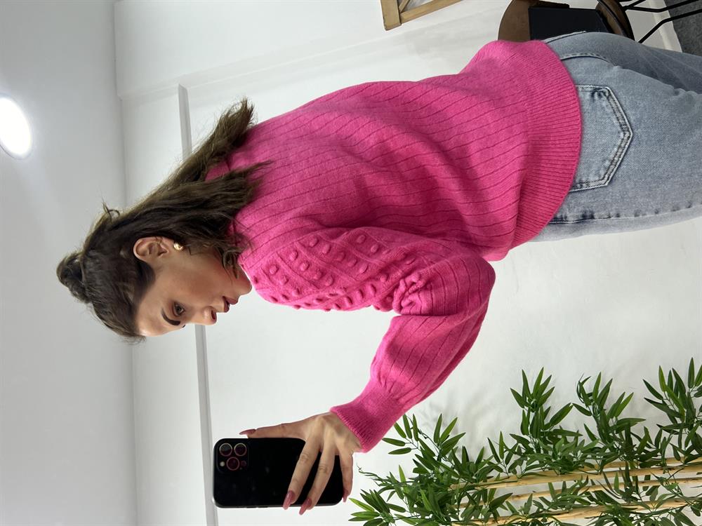 Pembe Polo Yaka Ponpon Detayli Tri̇ko Kazak