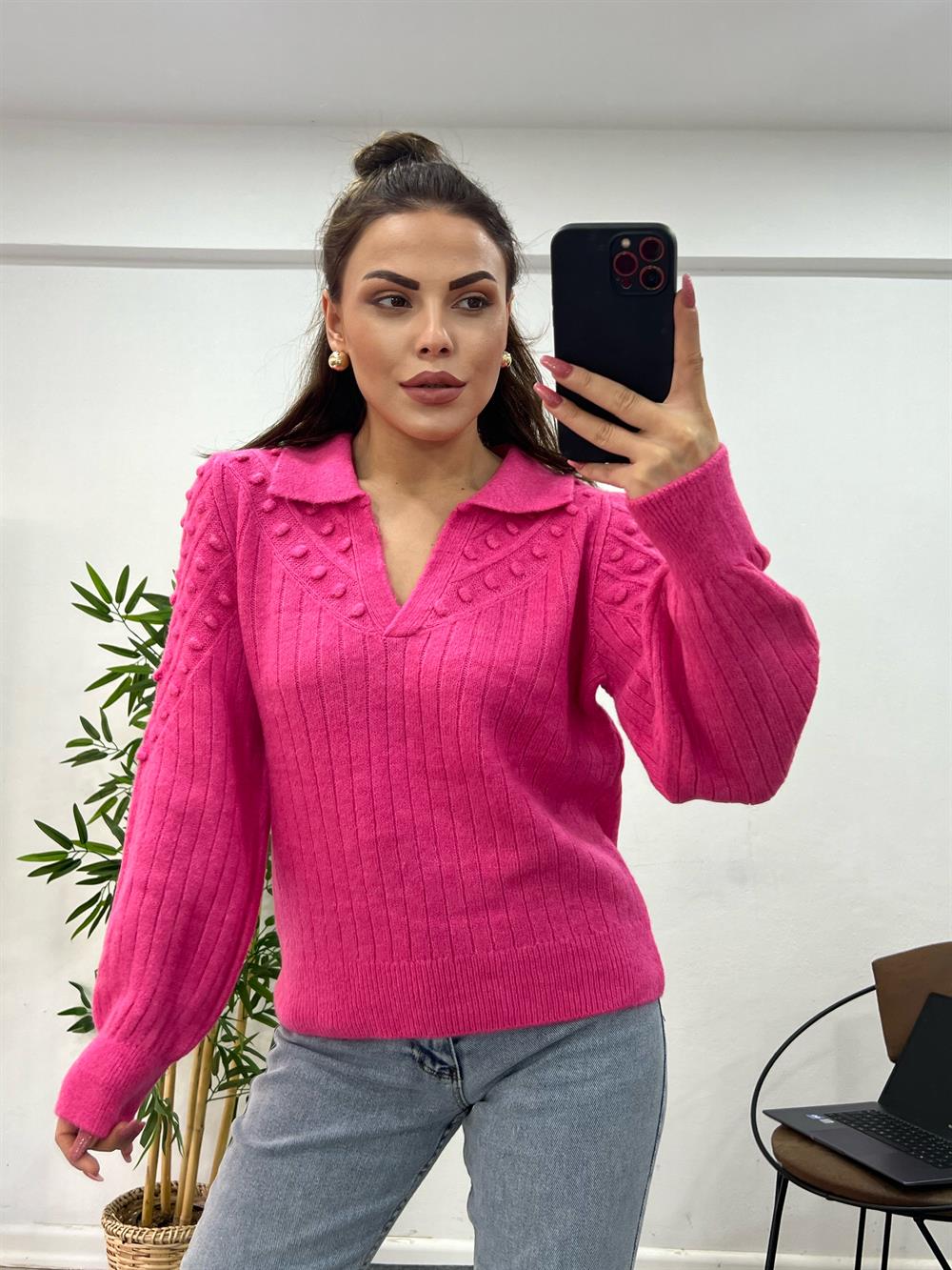 Pembe Polo Yaka Ponpon Detayli Tri̇ko Kazak