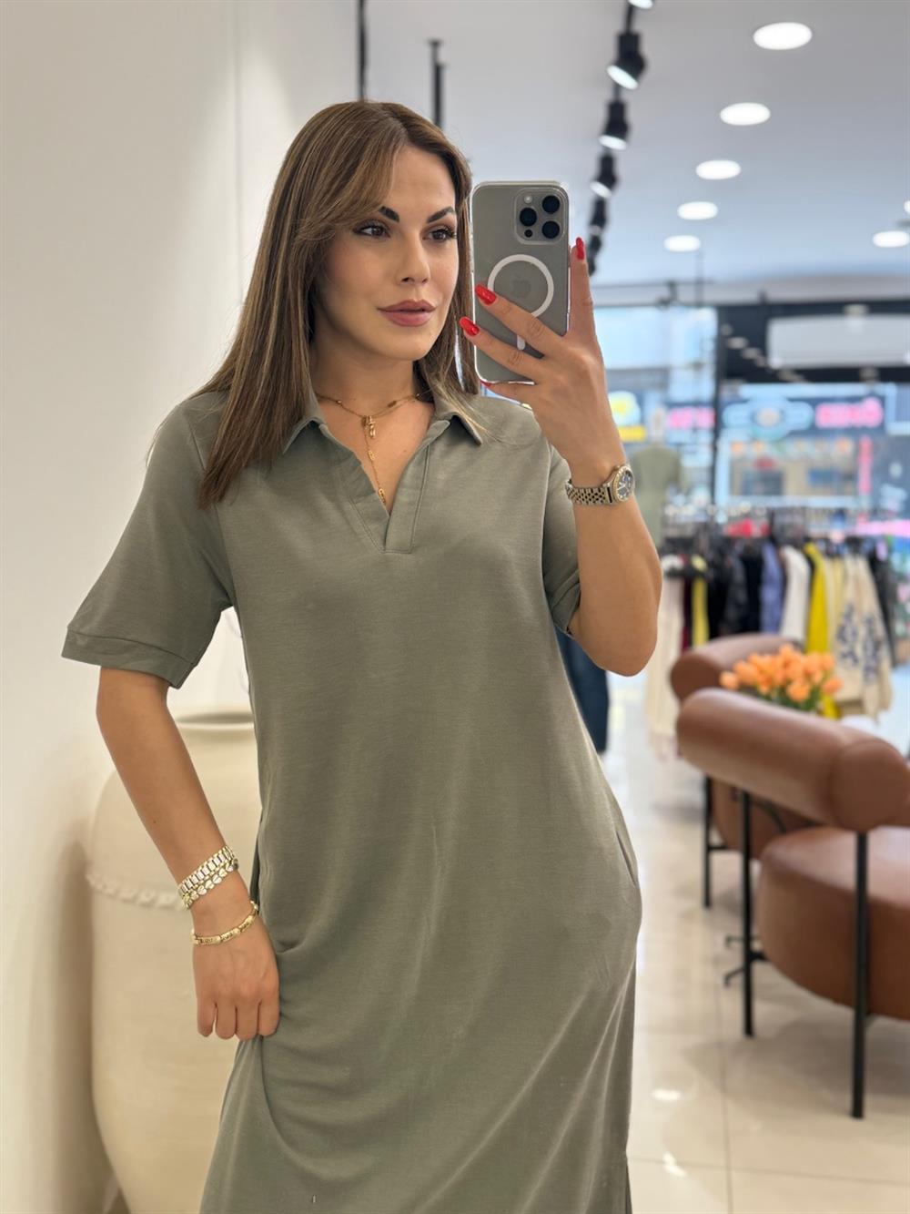 POLA YAKA BASİC ELBİSE YEŞİL