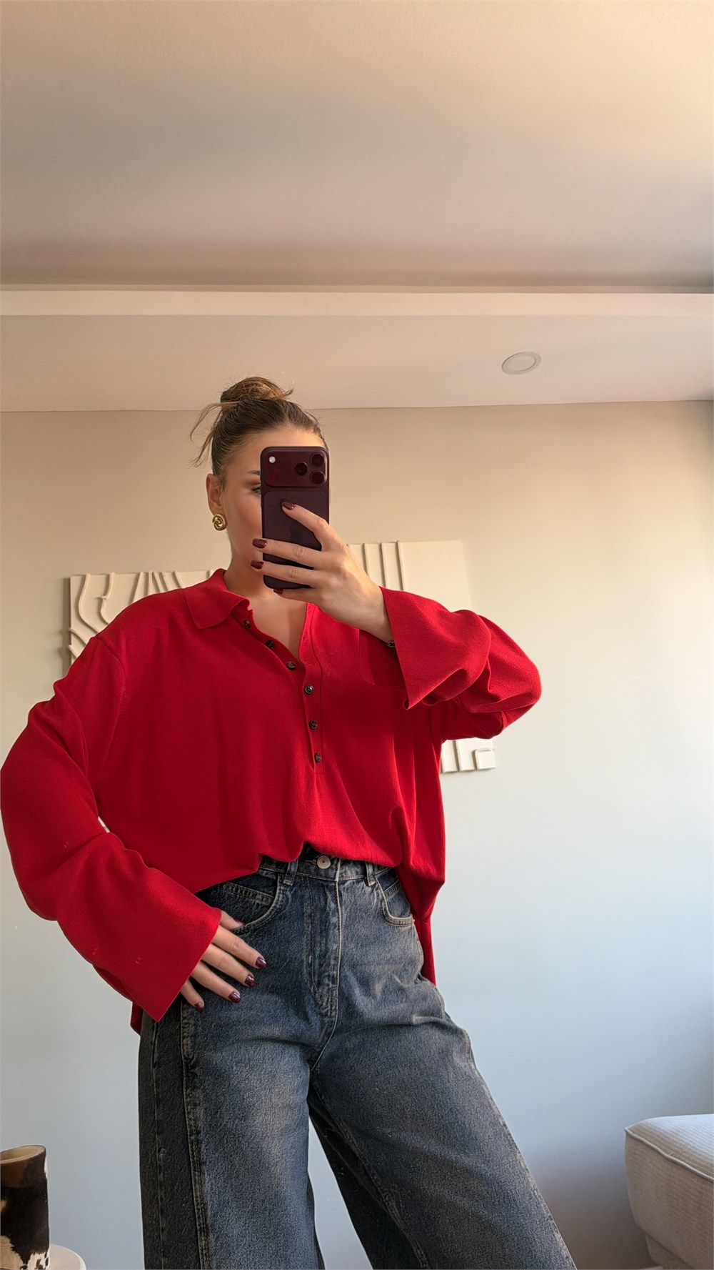 Polo Yaka Düşük Omuz Yırtmaçlı Triko Kırmızı