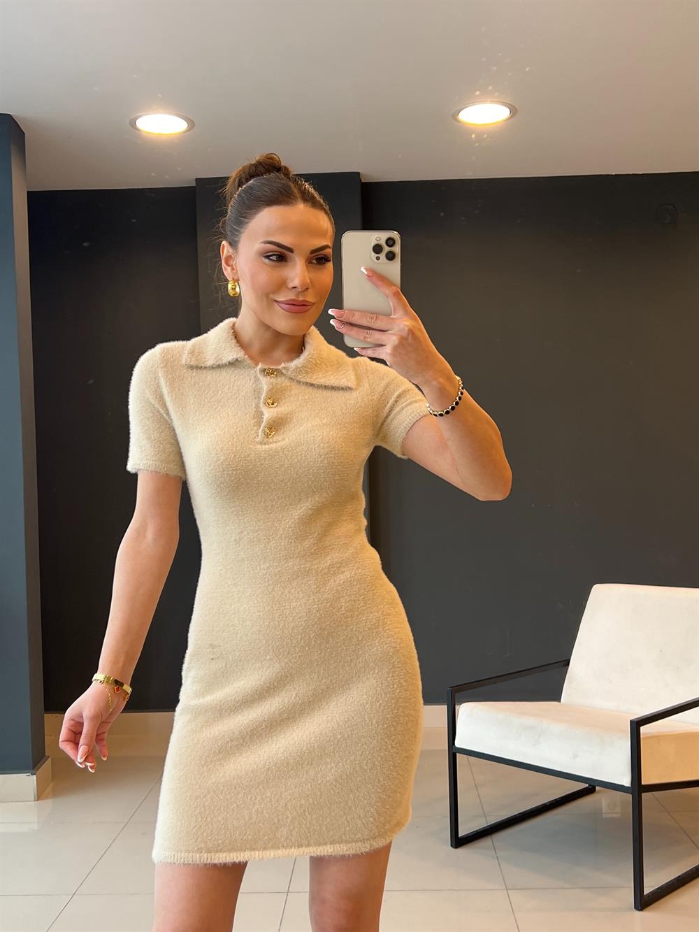 Polo Yaka Gold Düğmeli̇ Yumoş Elbi̇se Taş