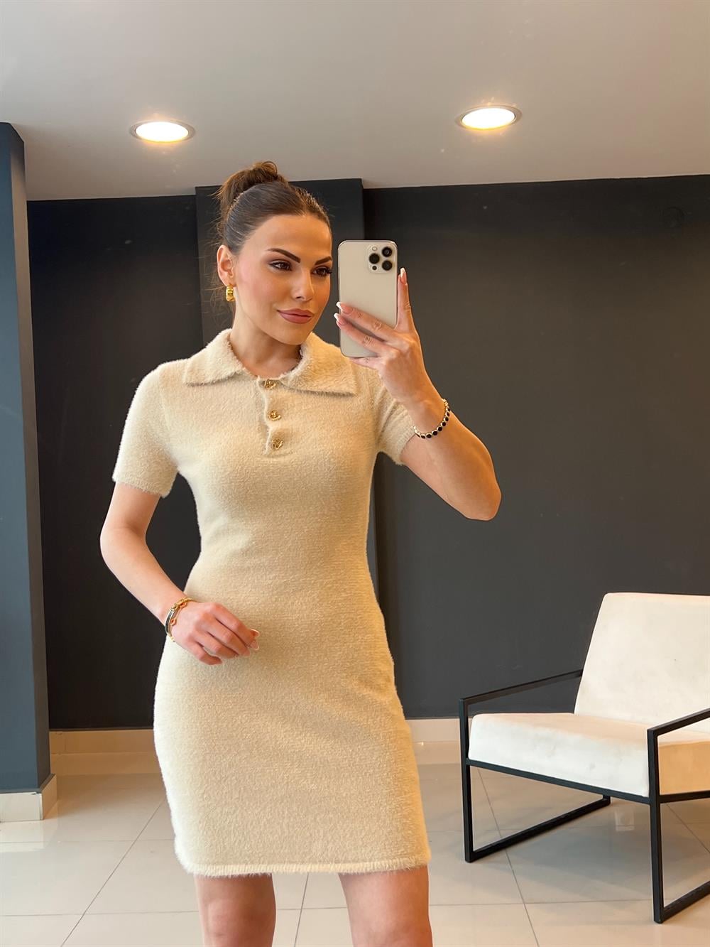 Polo Yaka Gold Düğmeli̇ Yumoş Elbi̇se Taş