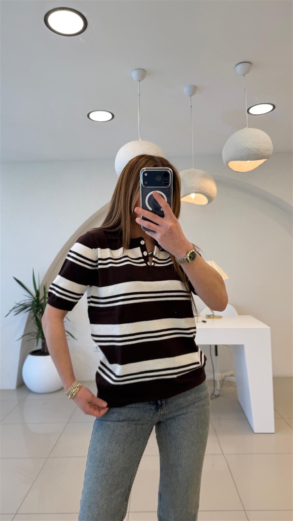 POLO YAKA KAHVE ÇİZGİLİ PAMUK BASİC TRİKO