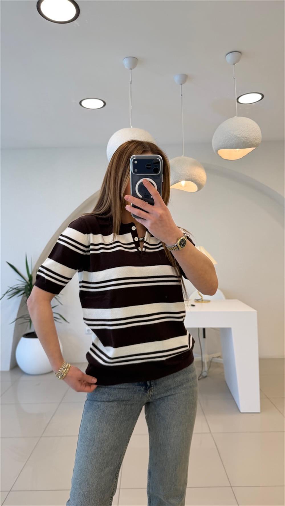 POLO YAKA KAHVE ÇİZGİLİ PAMUK BASİC TRİKO