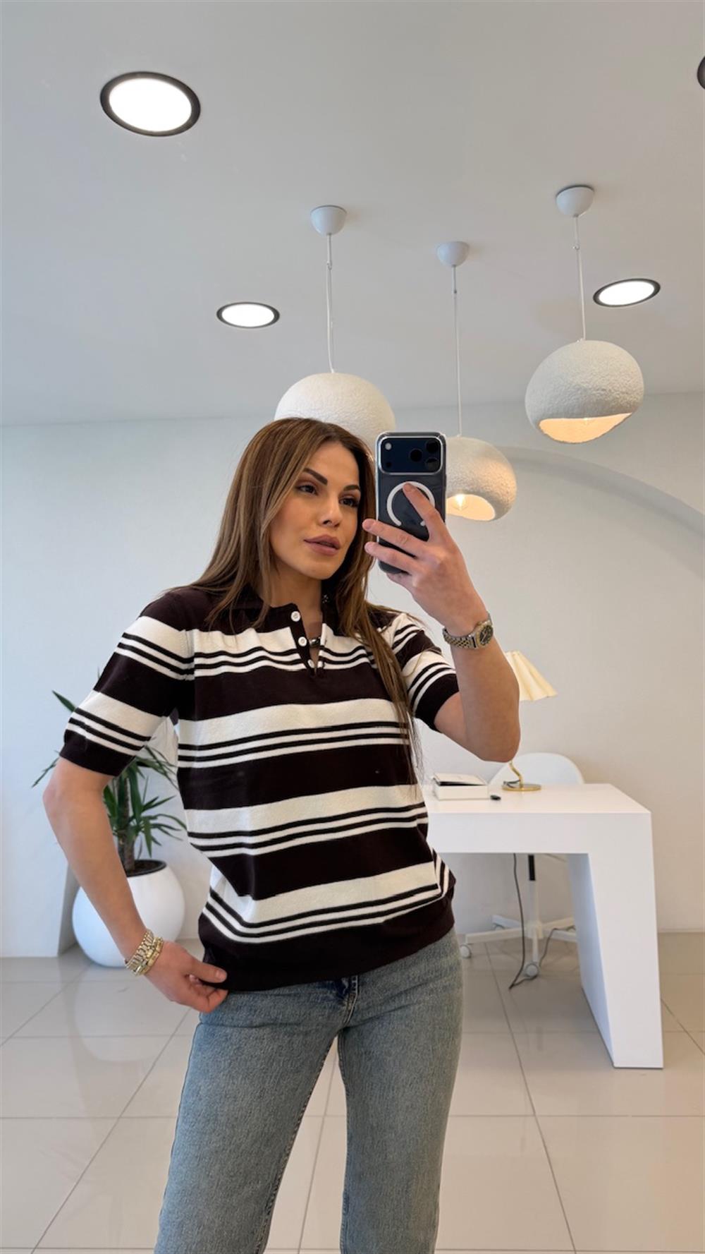 POLO YAKA KAHVE ÇİZGİLİ PAMUK BASİC TRİKO