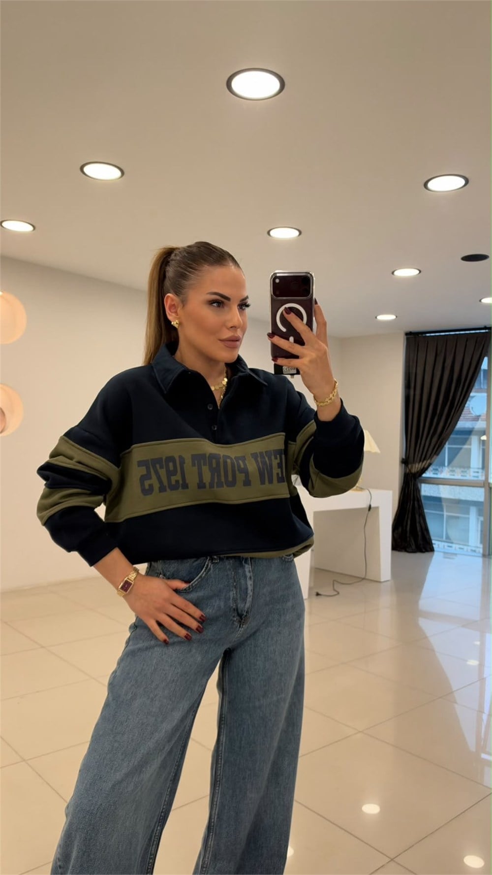 Polo Yaka Kalın Çizgili Baskılı Sweatshırt Lacivert-Yeşil