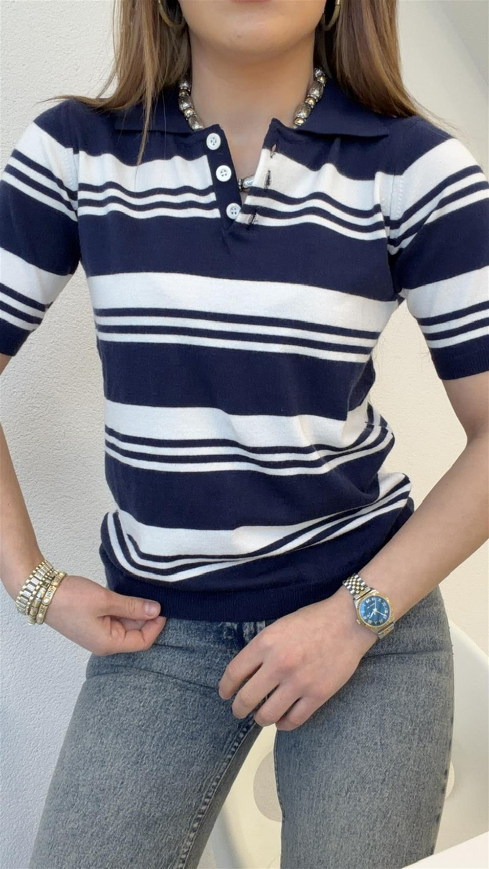POLO YAKA  LACİVERT ÇİZGİLİ PAMUK BASİC TRİKO